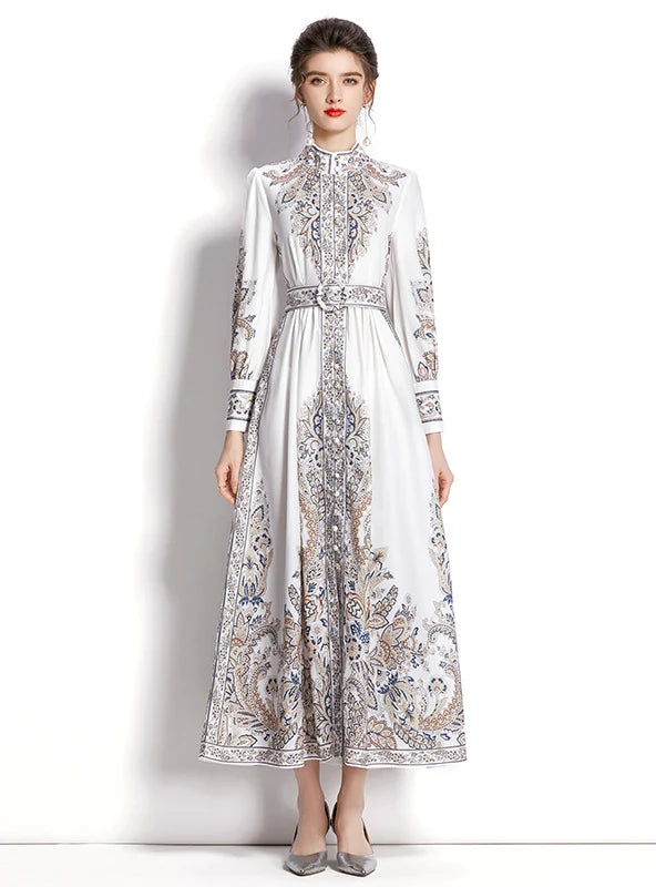 HOLIDAY LONG PRINTED LONG SLEEVE DRESS