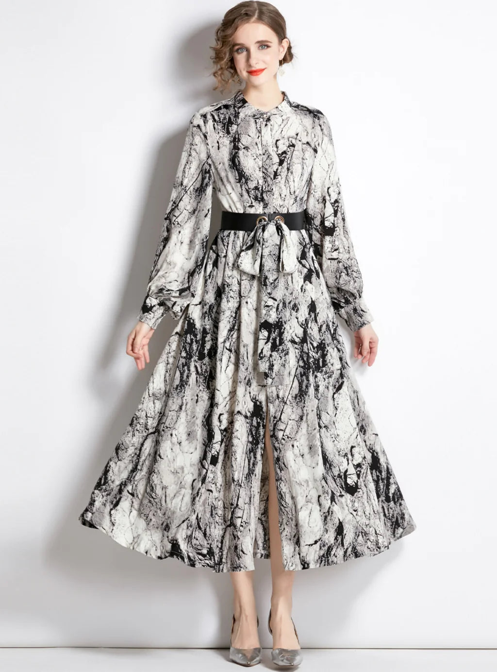 INK-AND-WASH PRINTED LONG SLEEVE DRESS