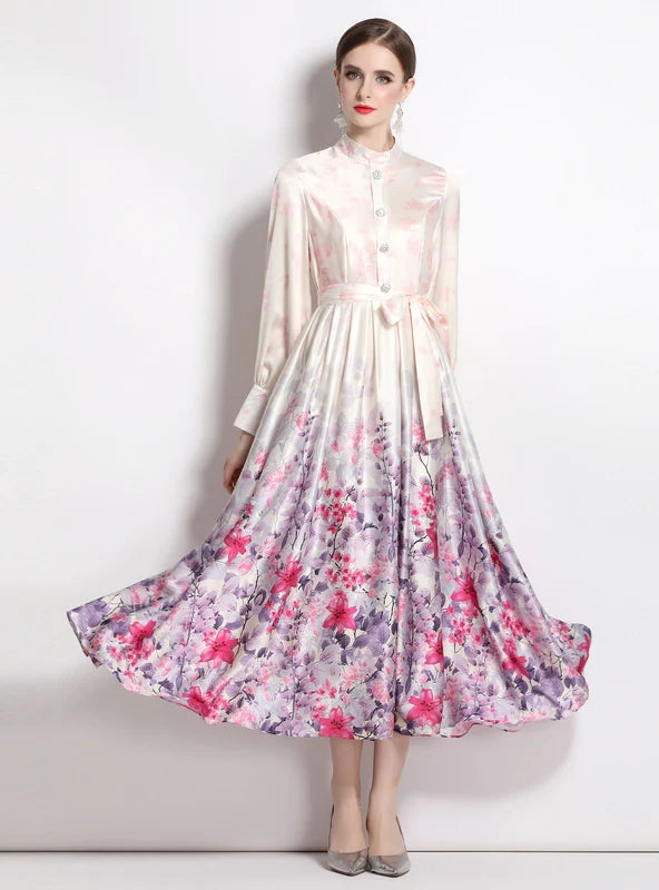 LONG SLEEVE SATIN VINTAGE PRINTED DRESS