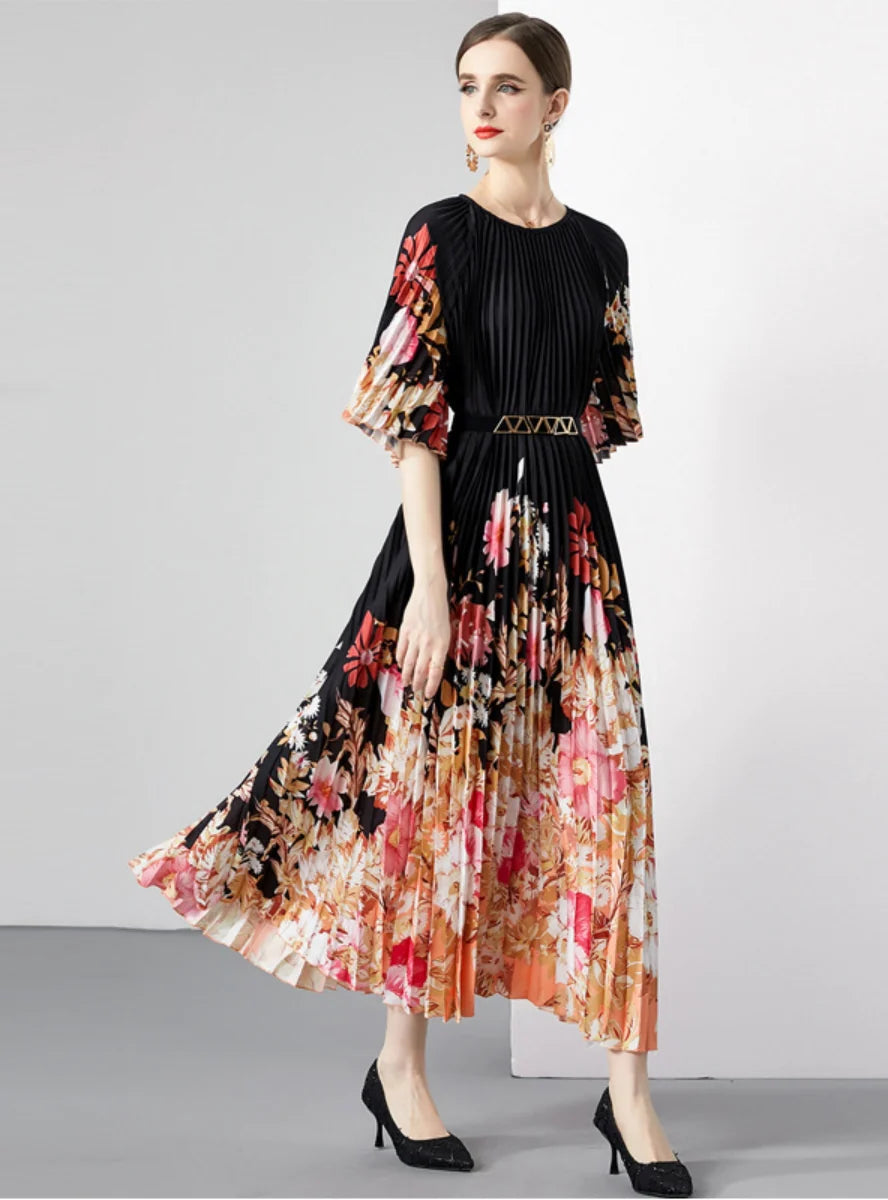 LOOSE PLEATED SILM WAIST PRINT DRESS