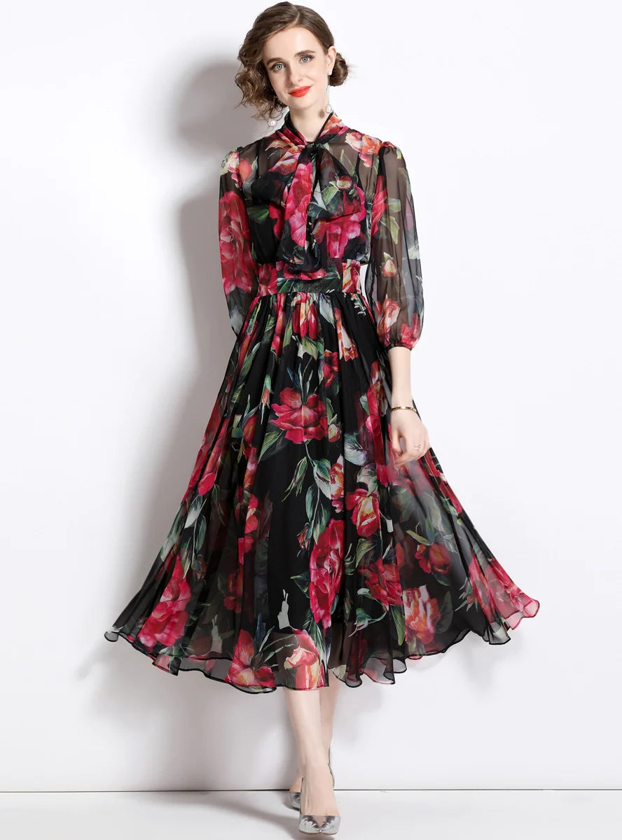 PRINTED BOW SWING CROPPED SLEEVE DRESS