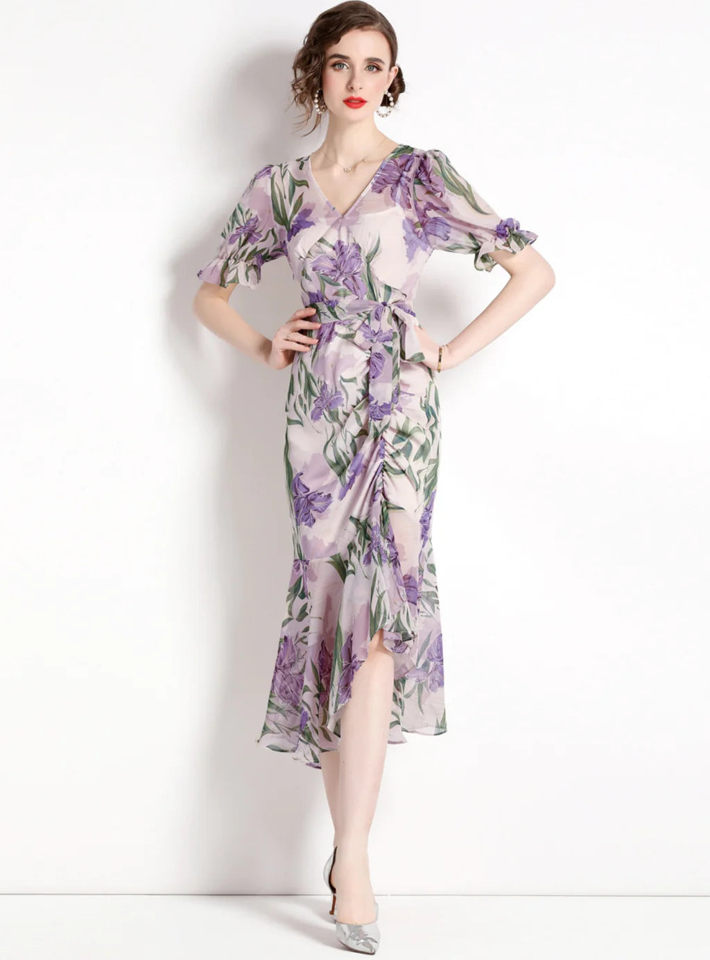 PURPLE SQUARE COLLAR PRINTED FLORAL DRESS