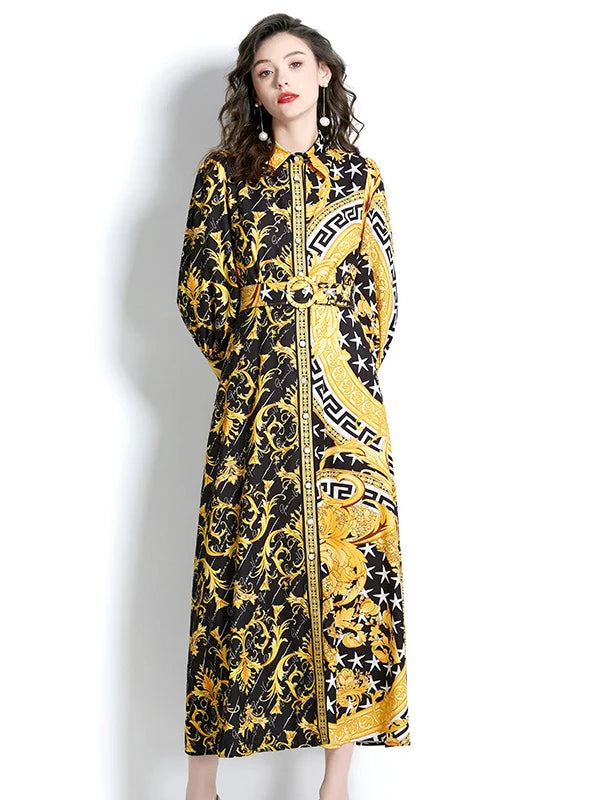 RETRO LAPEL LANTERN SLEEVE LONG PRINTED DRESS