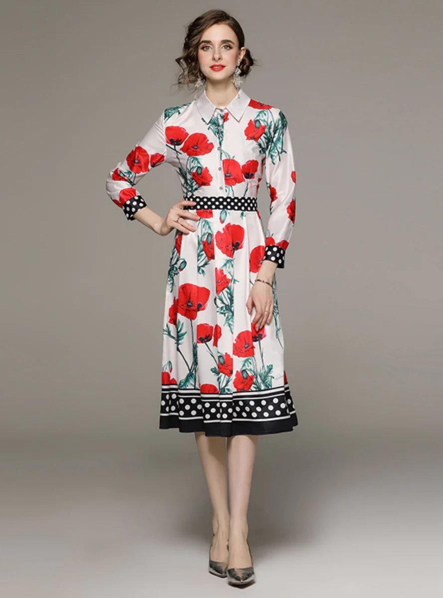 RETRO LONG SLEEVE LAPEL SLIM PRINT DRESS