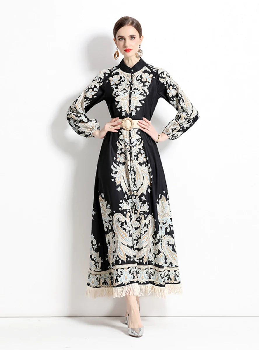 RETRO PRINTED LONG SLEEVE FRINGED DRESS