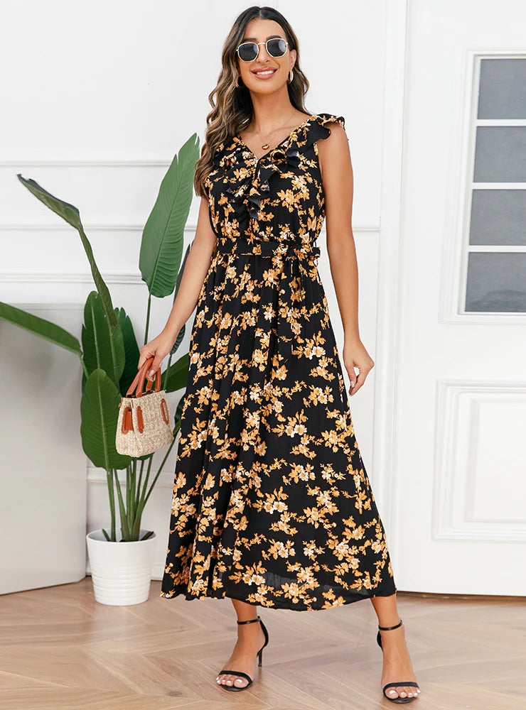 SEXY V-NECK FLORAL PLEATED DRESS