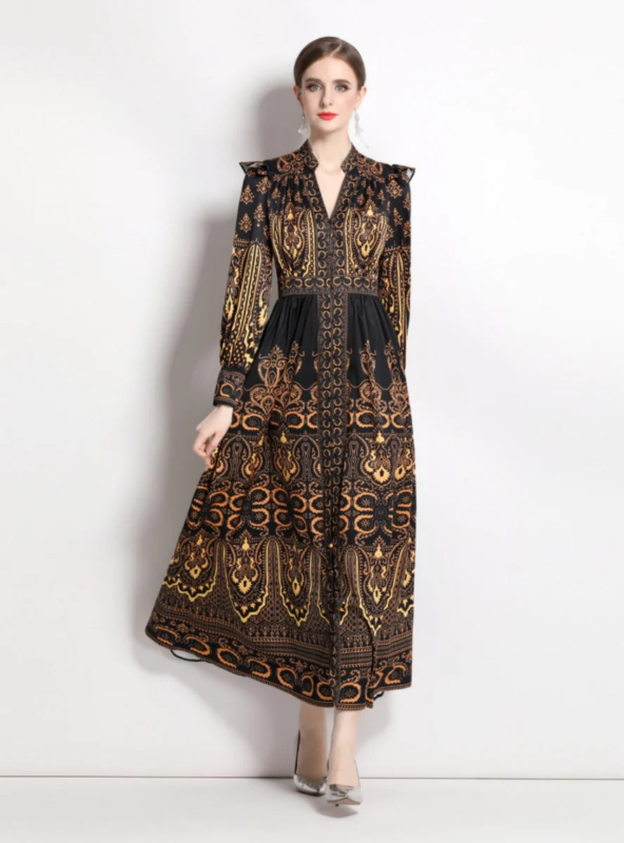 V-NECK PUFF SLEEVE PRINT RETRO DRESS