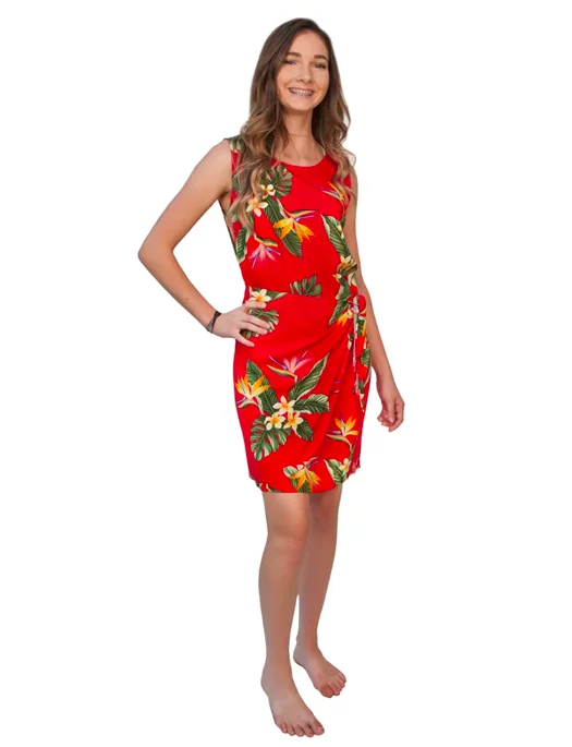 BOP Plumeria Tropical Hawaiian Print Sarong Dress in Red