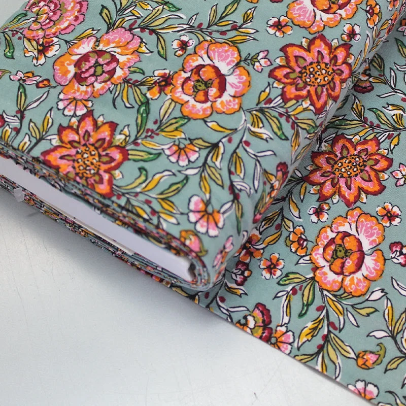 Dressmaking Viscose - Green - Orange Flowers