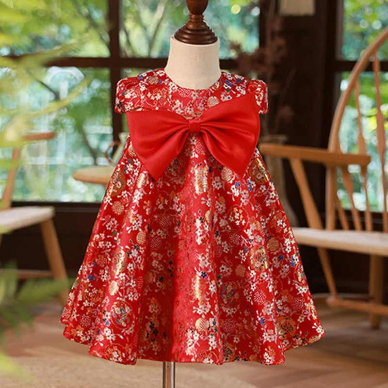 Elegant Baby Girl Red Sleeveless Floral Birthday Dress Toddler New Year Dress