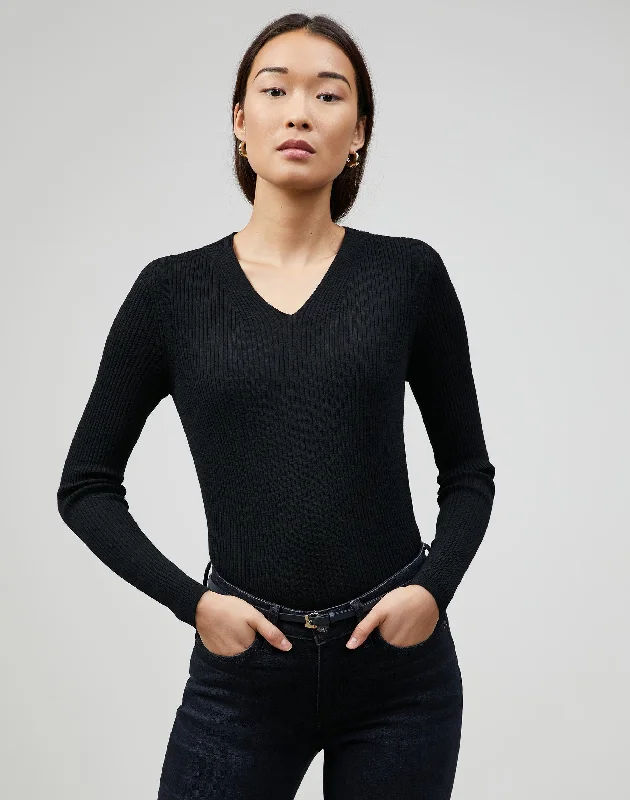 Fine Gauge Merino Ribbed V-Neck Sweater