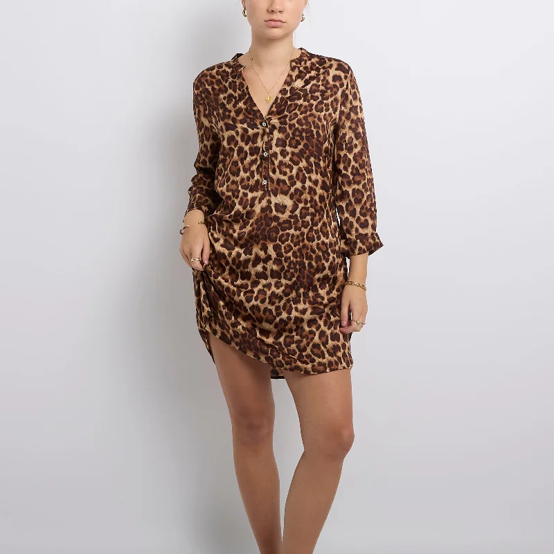 Leopard Print Satin Shirt Dress-UK 16