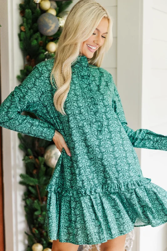 Looking For You Emerald Damask Print Babydoll Dress