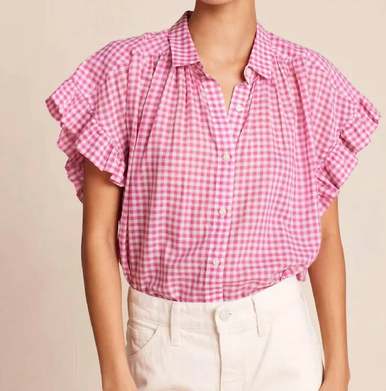 Marianne B Ruffle Slv Shirt In Raspberry Check