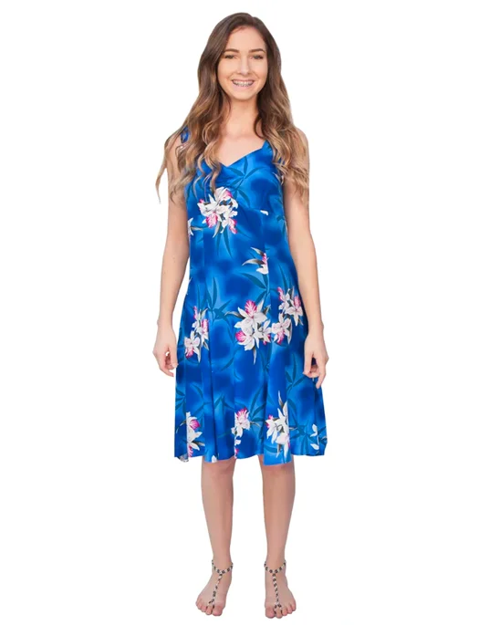 Midnight Orchid - Tropical Hawaiian Aloha  Print Sun Dress in Blue