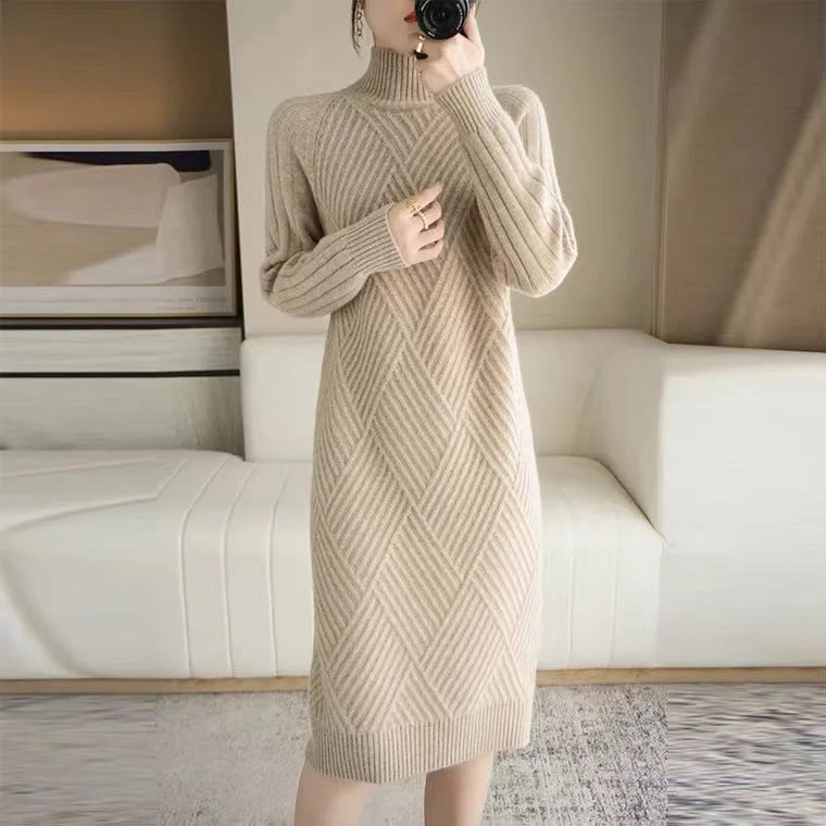 NiDELL Women's Turtleneck Sweater . Autumn and Winter New Elegant Warm Mid-Length Overknee Thickened Slim Bottoming Dress