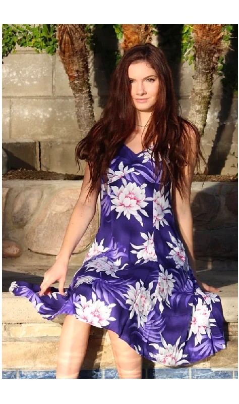 Night Blooming - Tropical Hawaiian Aloha Print Sun Dress in Purple