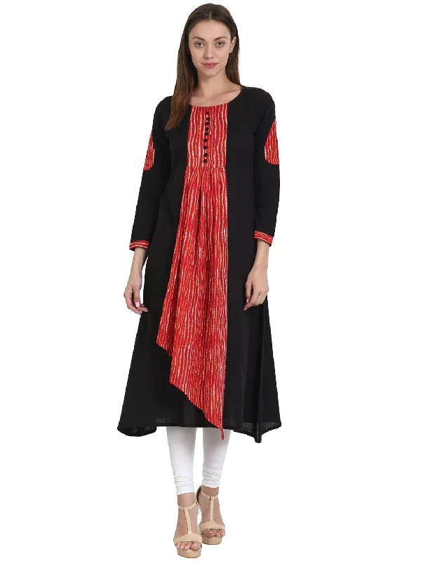 NOZ2TOZ Black & Red 3/4 Sleeve Cotton Slub Anarkali Kurta