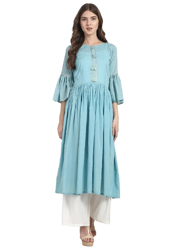 NOZ2TOZ Blue 3/4 Sleeve Cotton Anarkali Kurta