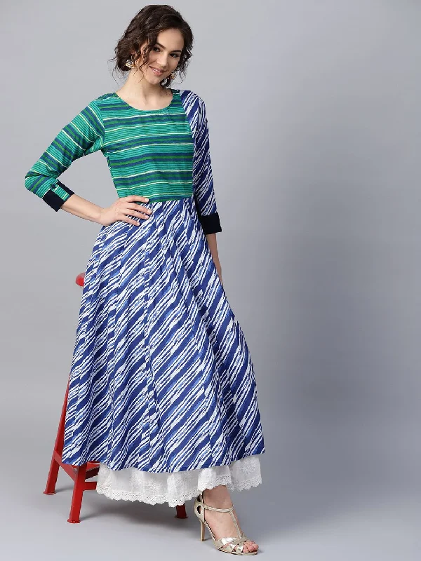 NOZ2TOZ Blue & Green Striped 3/4th Sleeve Cotton Anarkali Kurta