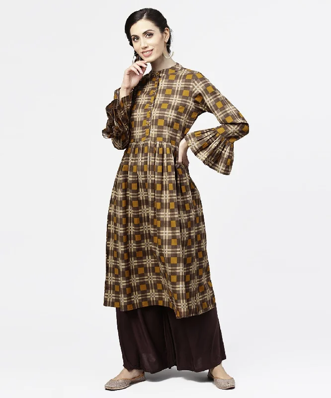 NOZ2TOZ Coffee Brown & Yellow Full Sleeve Cotton Anarkali Kurta