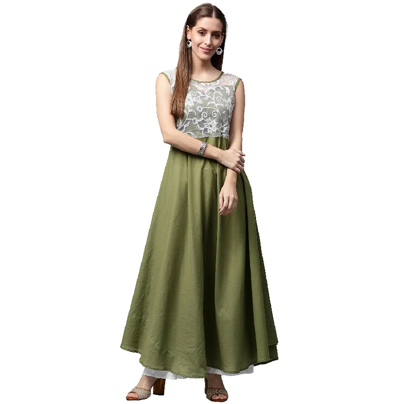 NOZ2TOZ Green Sleeveless Cotton Anarkali Kurta With Net Work At Yoke