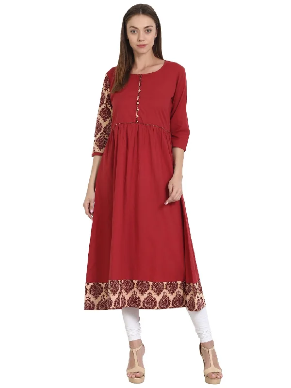 NOZ2TOZ Maroon 3/4 Sleeve Cotton Anarkali Kurta