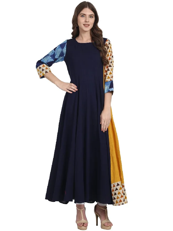 NOZ2TOZ Navy Blue 3/4th Sleeve Cotton Slub Anarkali Kurta