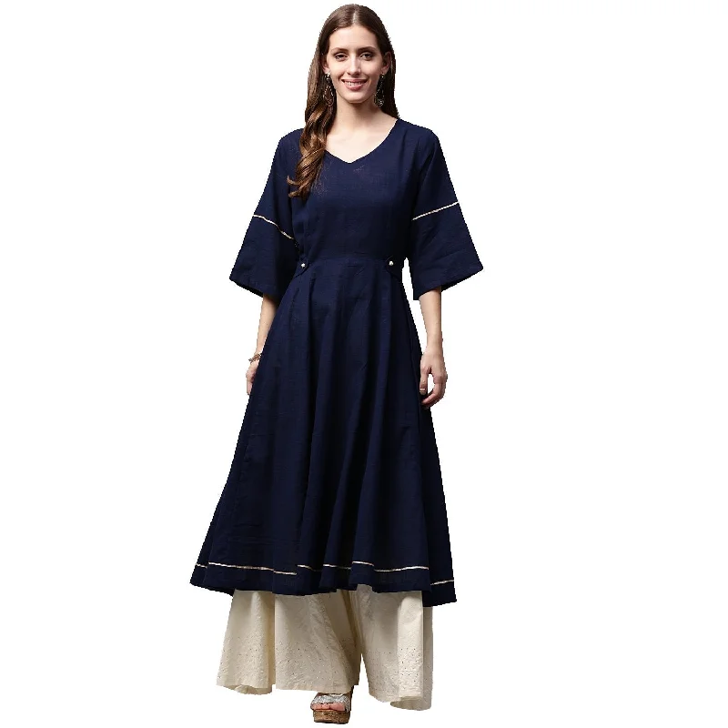 NOZ2TOZ Navy Blue 3/4th Sleeve Cotton Slub Anarkali Kurta