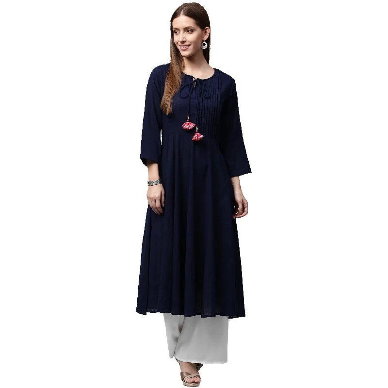 NOZ2TOZ Navy Blue 3/4th Sleeve Cotton Slub Anarkali Kurta