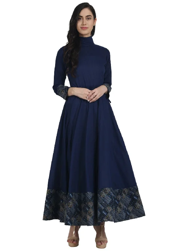 NOZ2TOZ Navy Blue Full Sleeve Cotton Floor Length Anarkali Kurta With Closed Neck