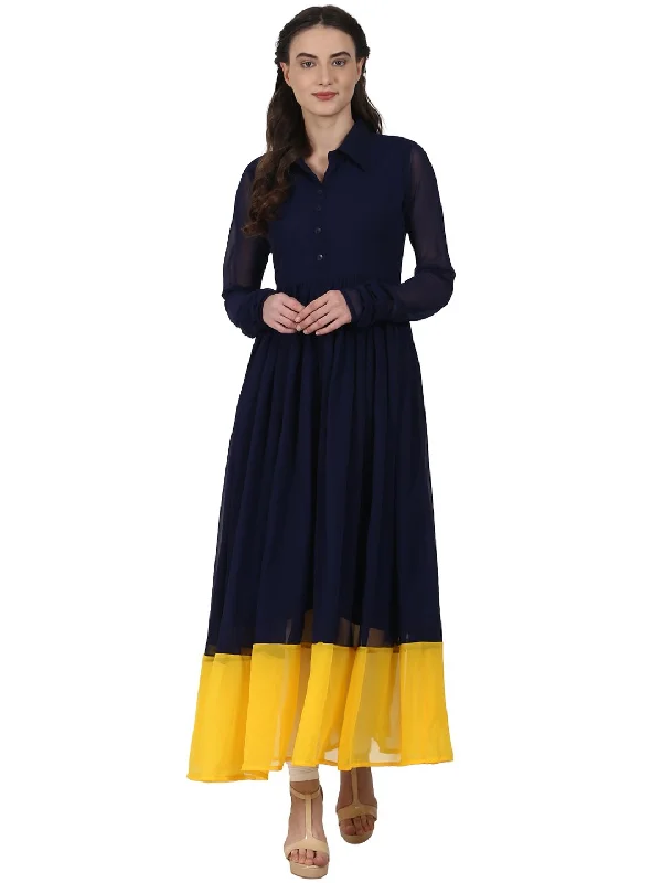 NOZ2TOZ Navy Blue Full Sleeve Georgette Anarkali Kurta