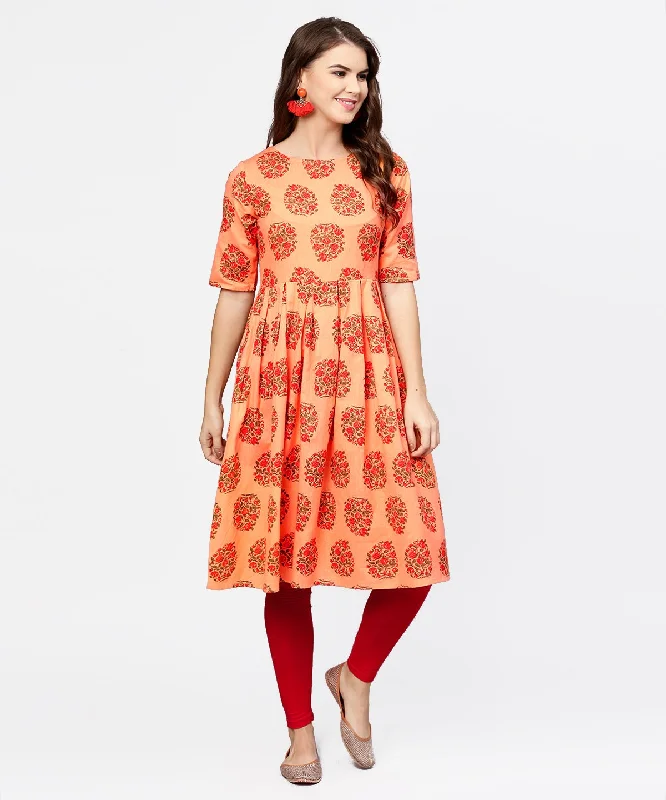 NOZ2TOZ Peach Half Sleeve Cotton Anarkali Kurta