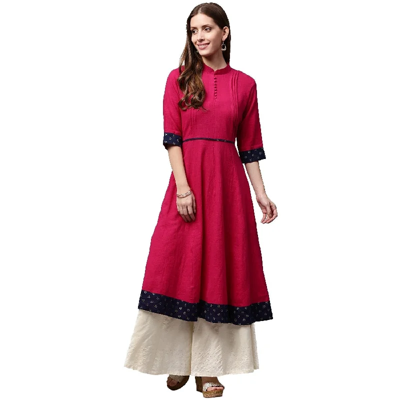 NOZ2TOZ Pink 3/4th Sleeve Cotton Slub Anarkali Kurta