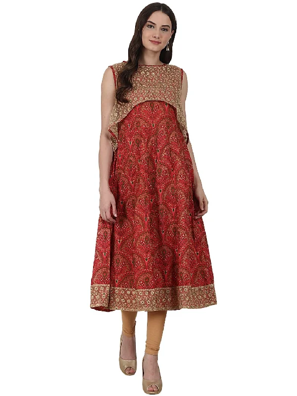 NOZ2TOZ Red Sleevless Cotton Anarkali Kurta With Net Work In Yoke And Hemline