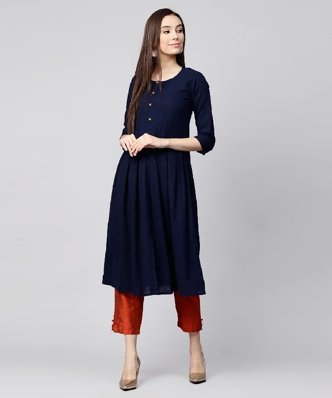 NOZ2TOZ Solid Navy Blue 3/4th Sleeve Cotton Slub Anarkali Kurta