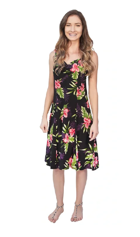 Orchid Fern - Tropical Hawaiian Aloha Print Sun Dress in Black