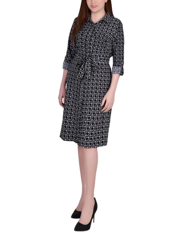 Petite Printed Long Sleeve Roll Tab Shirtdress