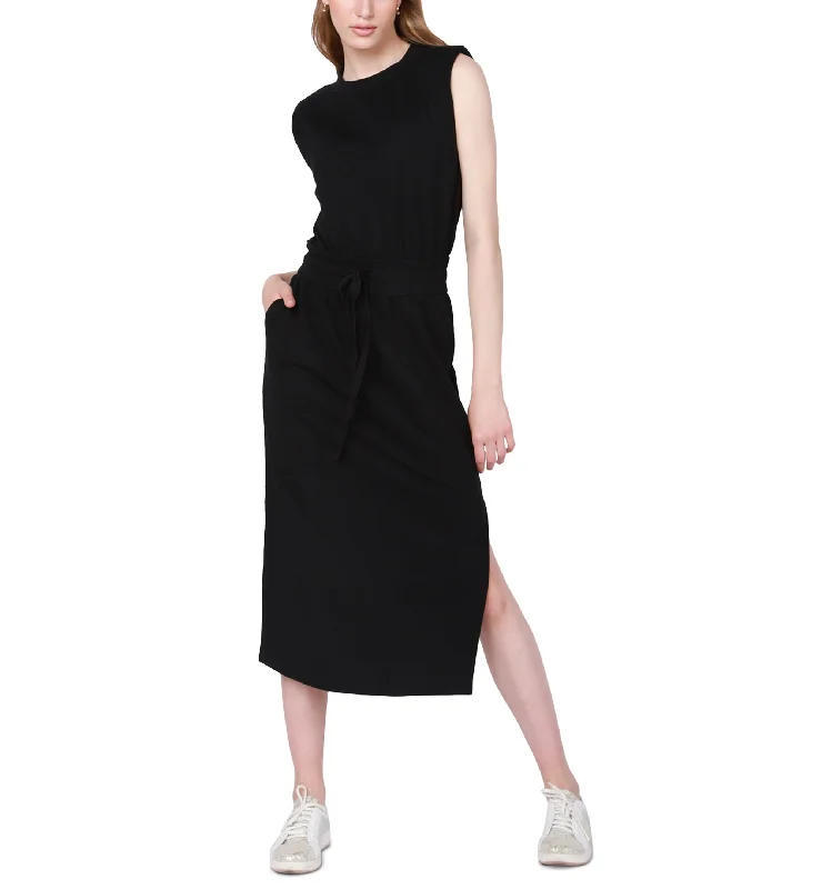 Petite Padded-Shoulder Drawstring-Waist Dress