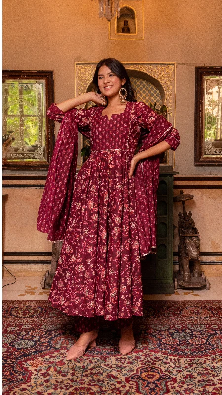 Pomcha Jaipur Gaurangi Maroon Hand Block Print Cotton Anarkali Set