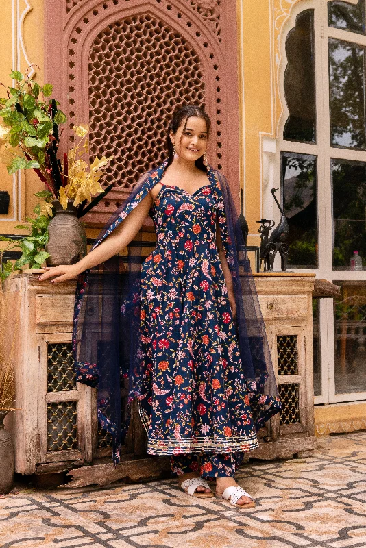 Pomcha Jaipur Gaurangi Prisha Blue Printed Cotton Anarkali Set