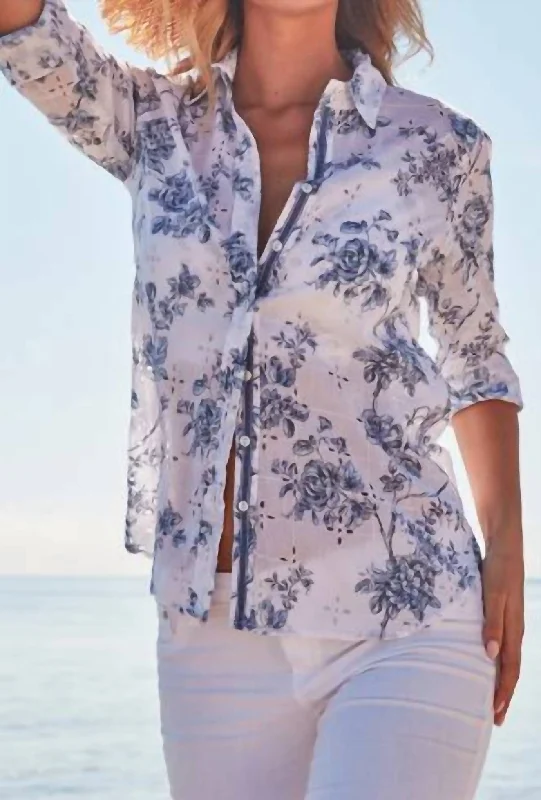 Santorini Eyelet White Button Down Boyfriend Shirt In Blue/ White