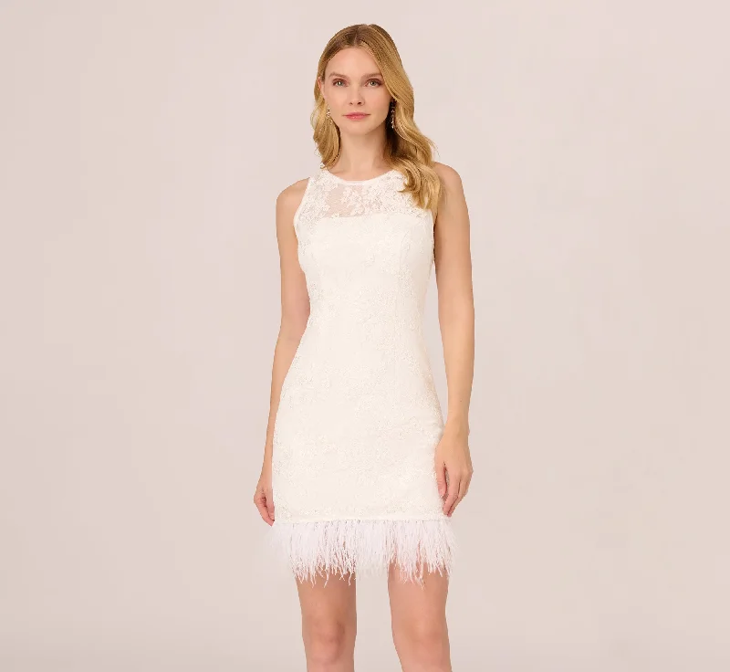 Sleeveless Floral Lace Dress With Feather Trim In Ivory