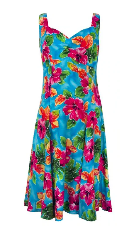 Watercolors - Tropical Hawaiian Aloha Print Sun Dress in Blue