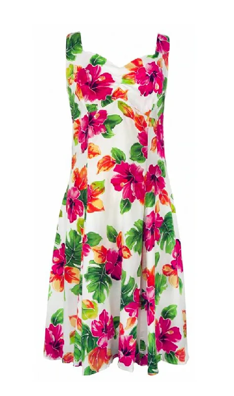 Watercolors - Tropical Hawaiian Aloha Print Sun Dress in White