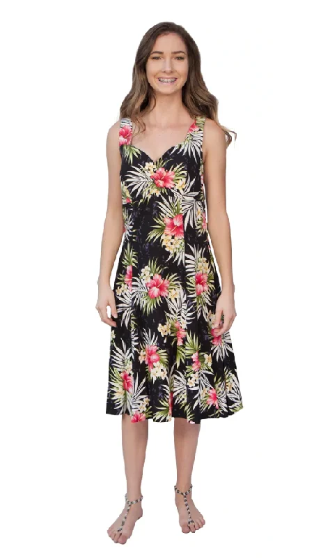 Weilana - Tropical Hawaiian Aloha Print Sun Dress in Black