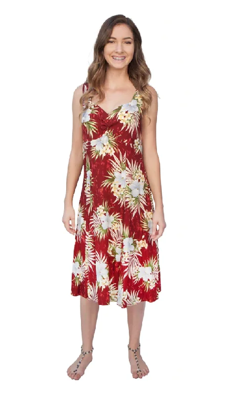 Weilana - Tropical Hawaiian Aloha Print Sun Dress in Red