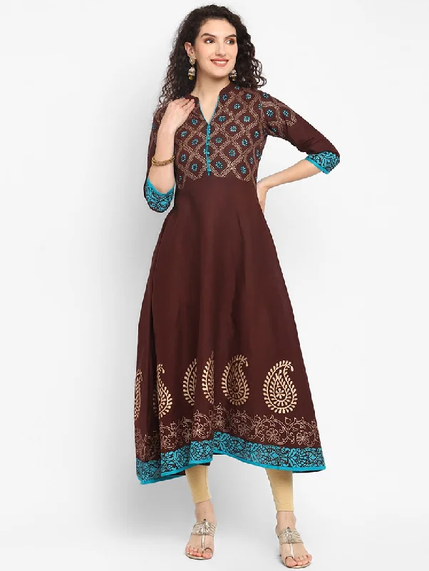 Women Brown Mandarin Neck Printed Anarkali Kurta - Rasiya