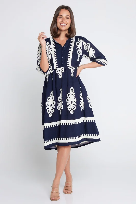 Zalara Dress - Navy/White Print