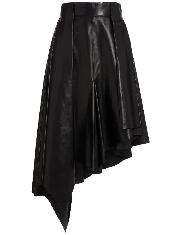 Noir Leather Asymmetrical Pleated Midi Skirt